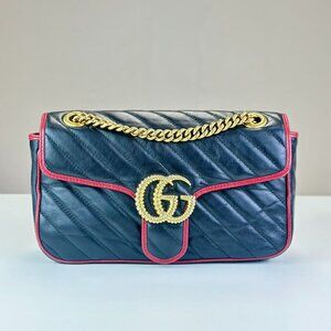 Gucci GG Logo Black Leather Marmont Shoulder Bag Crossbody